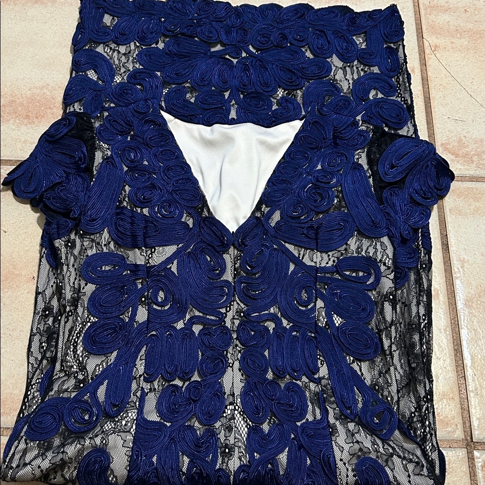 JS Collections Blue and black Lace Overlay Evening Dress size 10 - Picture 7 of 8